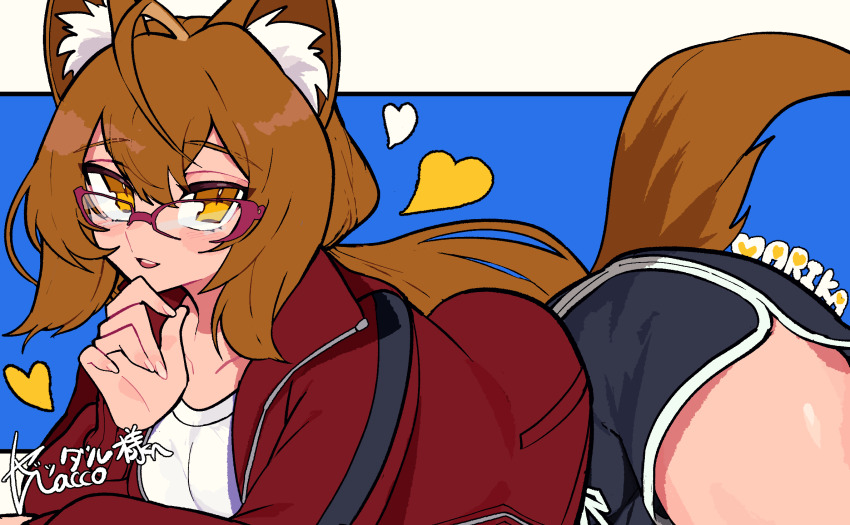 1girl animal_ears black_shorts blue_background borrowed_character breasts brown_hair cleavage commission cowboy_shot cowlick dolphin_shorts double-parted_bangs finger_to_own_chin glasses hacco_mayu hand_up heart highres jacket letterboxed light_smile long_hair long_sleeves looking_at_viewer lying on_stomach orange_eyes original outside_border parted_lips purple-framed_eyewear red_jacket second-party_source shirt shorts sidelocks signature solo thighs tsurime white_shirt