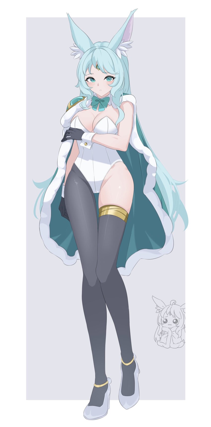 1girl absurdres animal_ear_fluff animal_ears apollousa_bow_of_the_goddess aqua_eyes aqua_hair asymmetrical_legwear blush bow breasts cape duel_monster forehead_jewel full_body gem green_bow grey_background groin heichi highres large_breasts leotard long_hair looking_at_viewer simple_background solo wrist_cuffs yu-gi-oh!