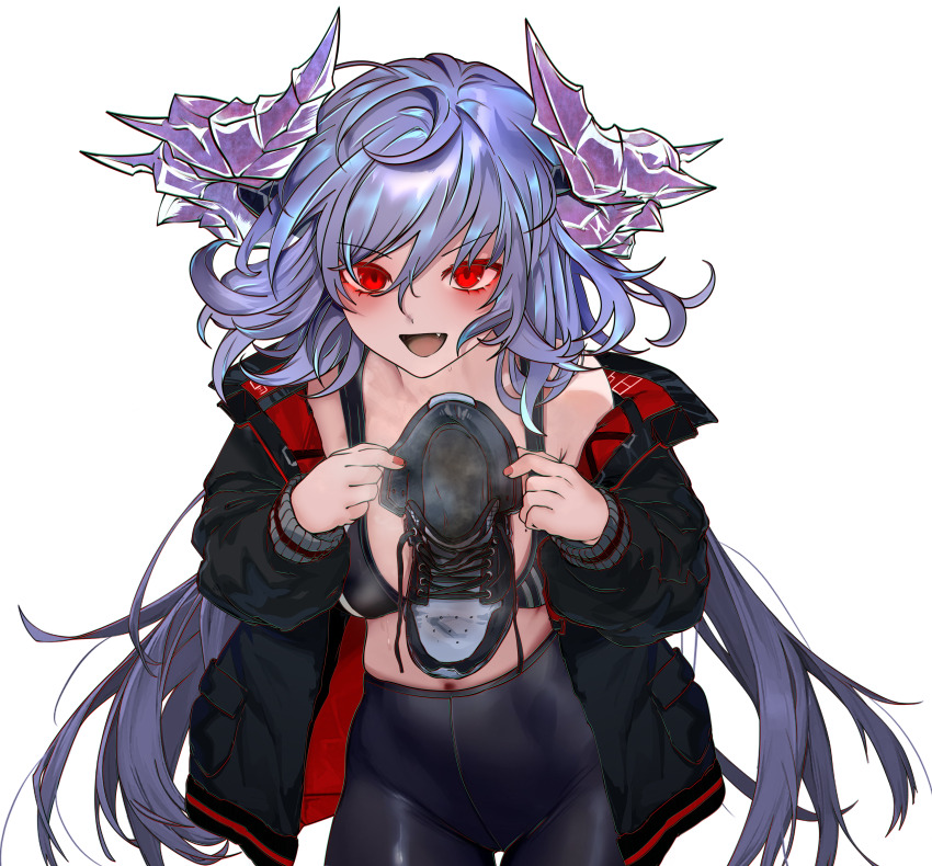 1girl absurdres blue_hair blush highres horns leggings long_hair looking_at_viewer open_mouth original red_eyes shoes single_shoe sports_bra steam transparent_background unworn_shoes yingxiong_wang_mimi