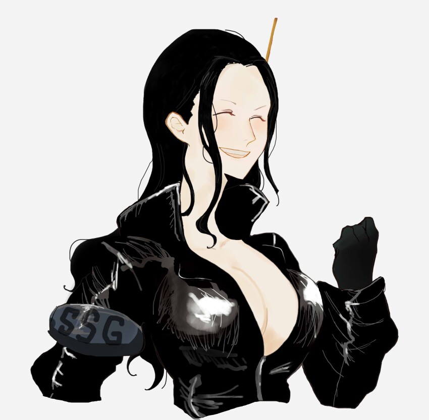1girl 7xmexasrif99010 ^_^ absurdres black_gloves black_jacket breasts cleavage clenched_hand closed_eyes cropped_jacket gloves hair_behind_ear high_collar highres jacket leather leather_jacket long_hair nico_robin nico_robin_(egghead) one_piece sidelocks simple_background smile solo white_background