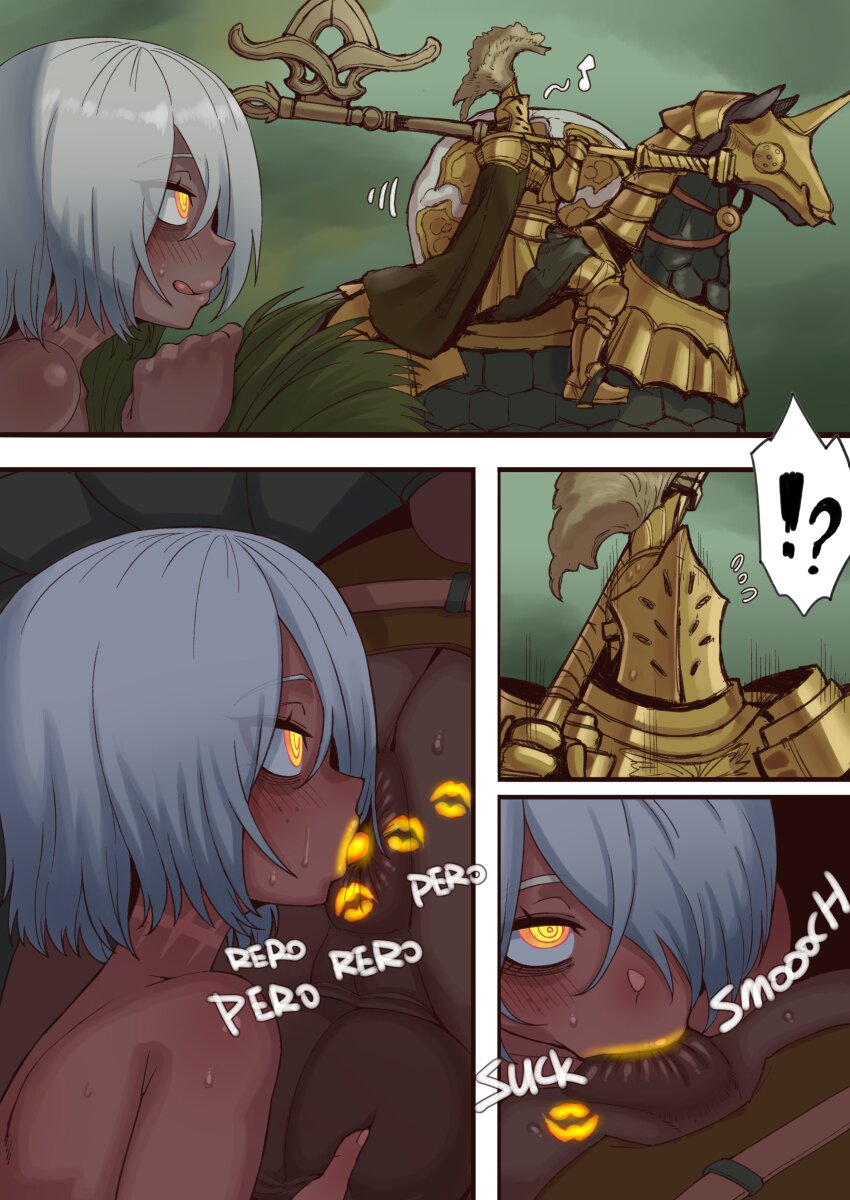 !? 1girl absurdres anilingus anus armor axe bestiality blush breasts comic commentary dark-skinned_female dark_skin ebonyxh elden_ring english_commentary english_text freckles full_armor glowing_lips glowing_lipstick_mark highres horse kissing_ass large_testicles licking_lips lipstick_mark lipstick_mark_on_ass musical_note orange_lips ringed_eyes scar scar_on_neck short_hair small_breasts sound_effects spoken_musical_note sweat tarnished_(elden_ring) testicles tongue tongue_out tree_sentinel uncensored white_hair
