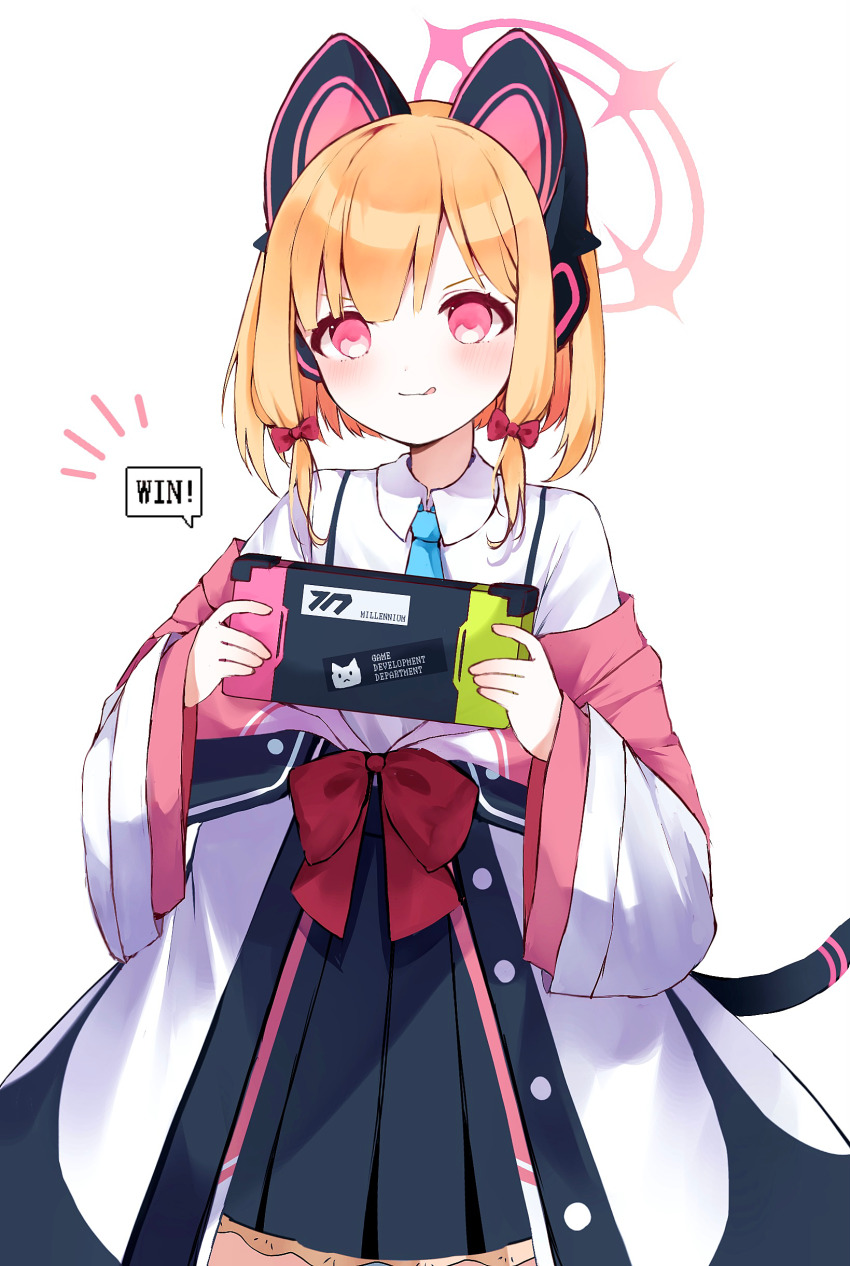 1girl :q absurdres animal_ear_headphones animal_ears black_jacket black_skirt black_tail blonde_hair blue_archive blue_necktie blush bow buttons cat_ear_headphones cat_ears cat_tail collared_shirt commentary_request cowboy_shot english_text fake_animal_ears fake_tail frilled_skirt frills hair_bow halo handheld_game_console headphones highres holding holding_handheld_game_console jacket long_sleeves low-tied_sidelocks momoi_(blue_archive) multicolored_jacket necktie nirako_mona off_shoulder pink_eyes pink_halo pink_jacket playing_games pleated_skirt red_bow school_uniform shirt short_hair sidelocks simple_background skirt smile solo tail tongue tongue_out unbuttoned unbuttoned_jacket v-shaped_eyebrows white_background white_jacket wide_sleeves