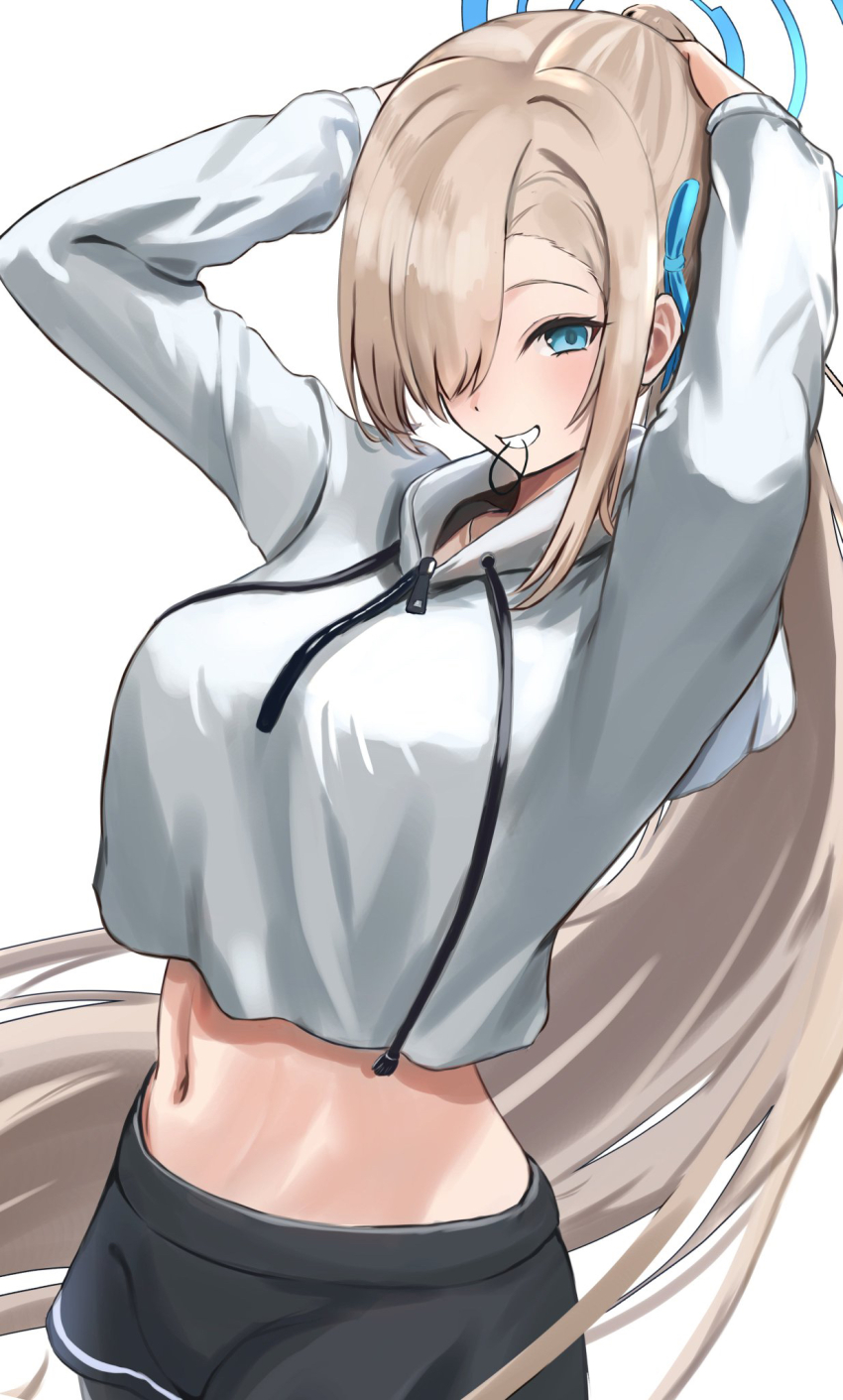 1girl alternate_costume alternate_hairstyle arms_up asuna_(blue_archive) asymmetrical_bangs black_shorts blue_archive blue_eyes blue_halo blue_ribbon breasts brown_hair collarbone commentary_request cowboy_shot crop_top cropped_hoodie dot_nose drawstring floating_hair grin hair_over_one_eye hair_ribbon hair_tie_in_mouth halo highres hood hoodie large_breasts long_hair long_sidelocks looking_at_viewer midriff mouth_hold naname_(nanameee_04) navel ribbon short_shorts shorts sidelocks simple_background smile solo tying_hair very_long_hair white_background white_hoodie