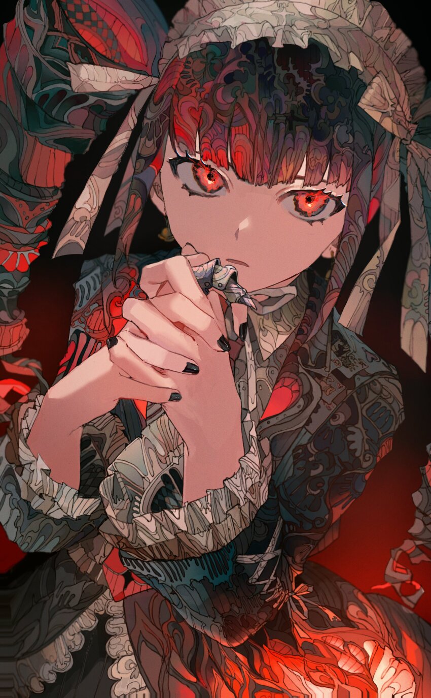 1girl absurdres black_background black_hair black_jacket black_nails black_skirt celestia_ludenberg collared_shirt danganronpa:_trigger_happy_havoc danganronpa_(series) drill_hair frilled_jacket frills frown hands_up highres jacket lace lace-trimmed_skirt lace_trim long_hair long_sleeves looking_at_viewer multicolored_hair nail_polish own_hands_together red_background red_eyes red_hair red_jacket red_skirt shirt skirt solo twin_drills twintails two-tone_hair yadu_nadu