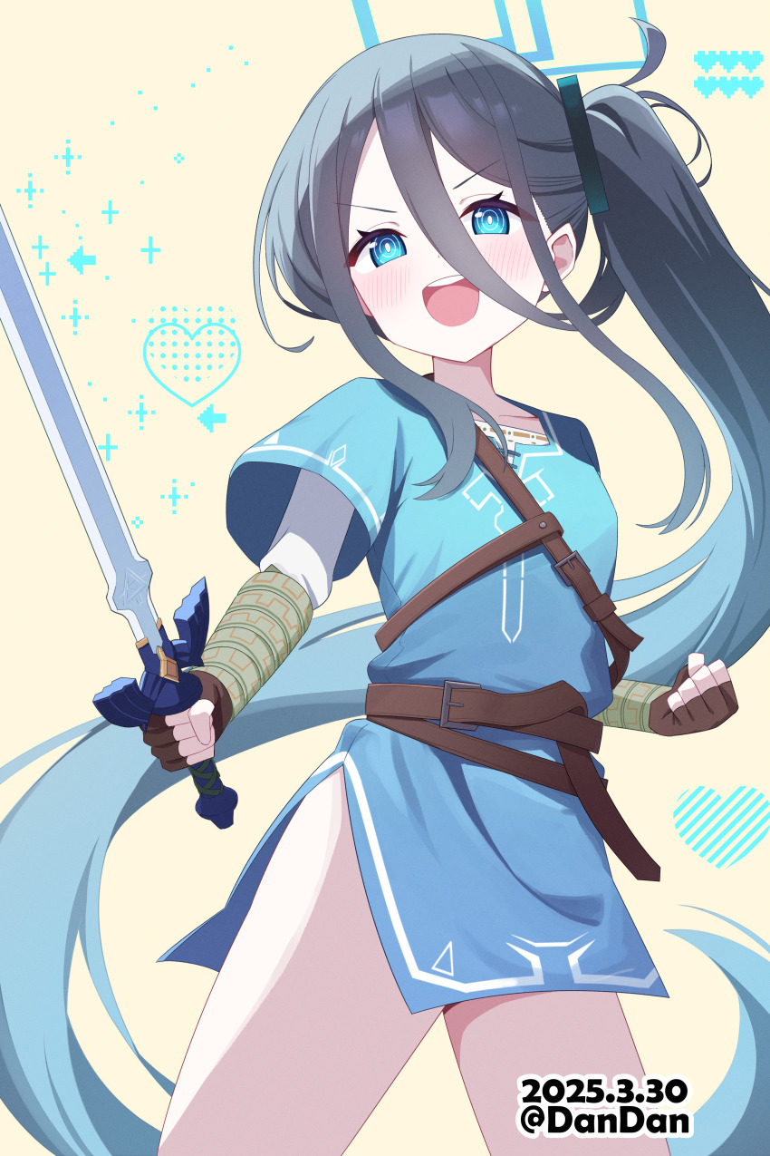 1girl absurdres alternate_costume alternate_hairstyle aris_(blue_archive) belt black_hair blue_archive blue_dress blue_eyes brown_gloves champion&#039;s_tunic_(zelda) cosplay dandan_(uaee4742) dress fingerless_gloves gloves hair_between_eyes highres holding holding_sword holding_weapon link link_(cosplay) long_hair looking_at_viewer master_sword nintendo one_side_up open_mouth sidelocks simple_background solo sword teeth the_legend_of_zelda the_legend_of_zelda:_breath_of_the_wild twintails upper_teeth_only very_long_hair weapon