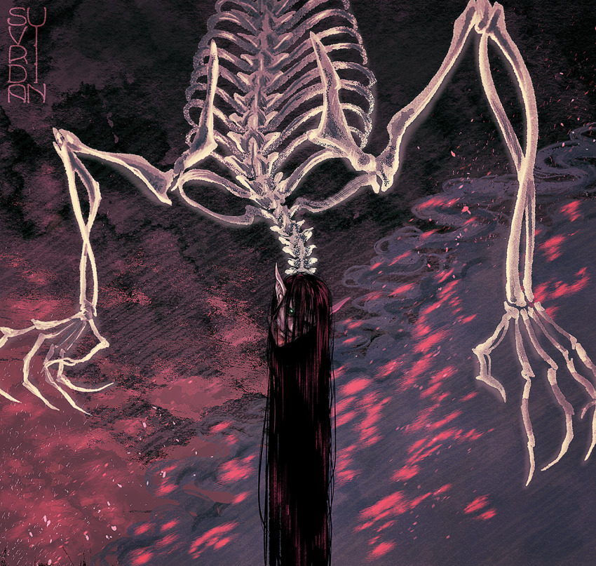 1boy absurdly_long_hair black_hair clip_studio_paint_(medium) closed_mouth embers eren_yeager founding_titan glowing glowing_eye green_eyes highres long_fingers long_hair male_focus pointy_ears ribs shingeki_no_kyojin shoulder_blades signature skeleton smoke solo spine spoilers suviridian titan_(shingeki_no_kyojin) very_long_hair