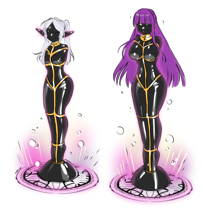 2girls bdsm bound breasts commission eudetenis fern_(sousou_no_frieren) frieren full_body gimp_mask grey_hair highres immobilization large_breasts latex long_hair magic_circle mask medium_breasts medium_hair multiple_girls pointy_ears purple_hair skin_tight sousou_no_frieren twintails very_long_hair white_background