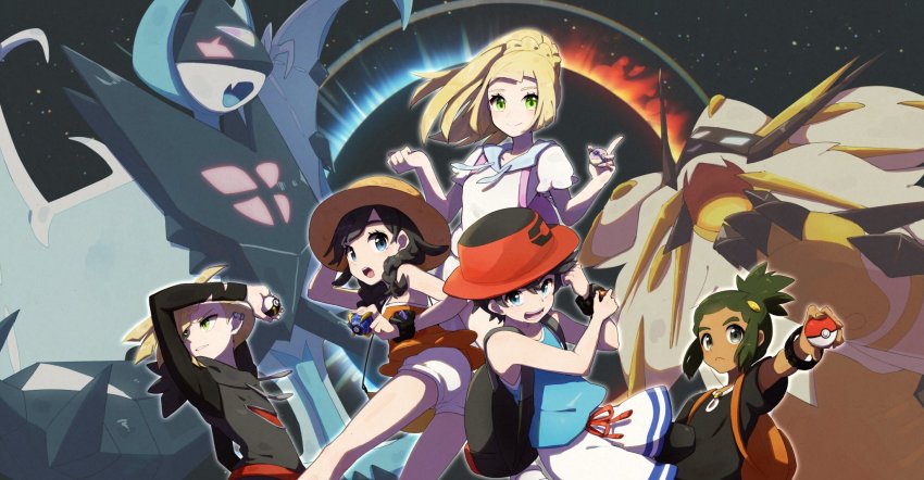 2girls 3boys backpack bag beast_ball black_eyes black_hair black_shirt blonde_hair blue_shirt boater_hat braid brown_headwear camisole character_request closed_mouth dark_skin elio_(pokemon) from_behind gen_7_pokemon gladion_(pokemon) green_eyes heal_ball highres holding holding_poke_ball index_finger_raised leaning_forward legendary_pokemon lillie_(pokemon) long_hair looking_at_viewer looking_back low_twintails medium_hair miu_(miuuu_721) multiple_boys multiple_girls necrozma necrozma_(dawn_wings) necrozma_(dusk_mane) nintendo open_mouth poke_ball poke_ball_(basic) pokemon pokemon_usum red_headwear selene_(pokemon) shirt short_shorts short_sleeves shorts sky standing star_(sky) starry_sky tank_top topknot twin_braids twintails ultra_ball watch white_shirt white_shorts wristwatch yellow_shirt