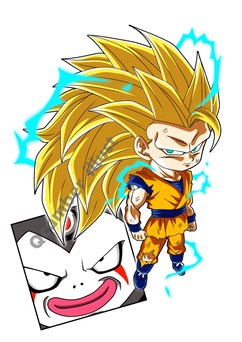 2boys absurdres blonde_hair blue_boots blue_shirt boots chibi close-up dougi dragon_ball dragon_ball_daima electricity full_body gomah_(dragon_ball) green_eyes grey_tunic highres multiple_boys no_eyebrows orange_pants pants qcumber_illust shirt simple_background solo_focus son_goku spiked_hair super_saiyan super_saiyan_3 torn_clothes torn_pants tunic twitter_username white_background