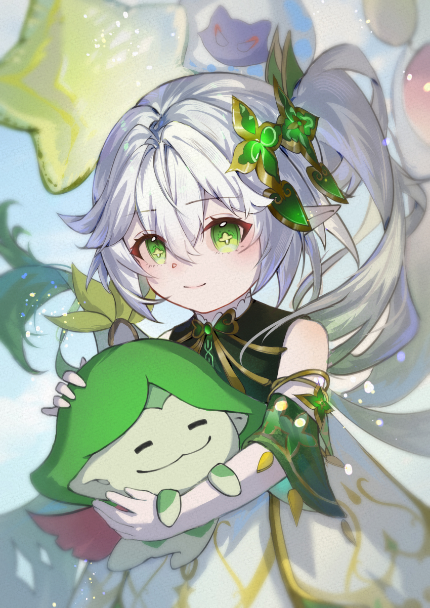 1girl 1other absurdres aranara_(genshin_impact) balloon closed_eyes closed_mouth cross-shaped_pupils dress genshin_impact gradient_hair green_eyes green_hair hair_between_eyes hair_ornament hand_on_another&#039;s_head highres hug leaf_hair_ornament light_blush long_hair looking_at_viewer multicolored_hair nahida_(genshin_impact) no_ying_sakura pointy_ears short_sleeves sleeveless sleeveless_dress smile star_balloon symbol-shaped_pupils white_hair