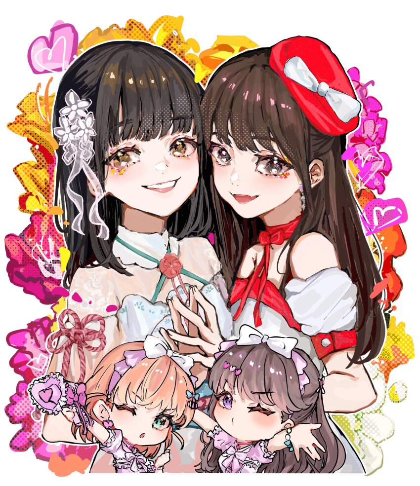 4girls :d ;o aoku_haruka/flower aqua_eyes arm_up bare_shoulders black_hair blush border brown_hair chibi closed_mouth commentary_request crossed_bangs dress floral_background fujishima_megumi grin half_updo happy_shijo_shugi! hat highres hinoshita_kaho jin_(oihlf) link!_like!_love_live! long_hair looking_at_viewer love_live! medium_hair miracreation/elegance multiple_girls nirei_nozomi off-shoulder_shirt off_shoulder one_eye_closed open_mouth orange_hair palms_together pink_dress puckered_lips puffy_short_sleeves puffy_sleeves purple_eyes red_hat shirt short_sleeves sidelocks smile tilted_headwear tsukine_kona two_side_up v-shaped_eyebrows virtual_youtuber voice_actor_connection white_border white_dress white_shirt