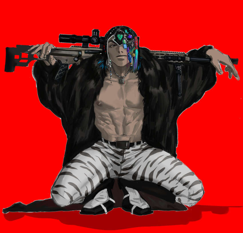 1boy absurdres animal_print black_coat closed_mouth coat full_body fur_coat guido_mista gun gun_on_back highres holding holding_gun holding_weapon jewelry jojo_no_kimyou_na_bouken kou_zhua male_focus nipples pants pectorals print_pants red_background squatting vento_aureo weapon weapon_on_back zebra_print