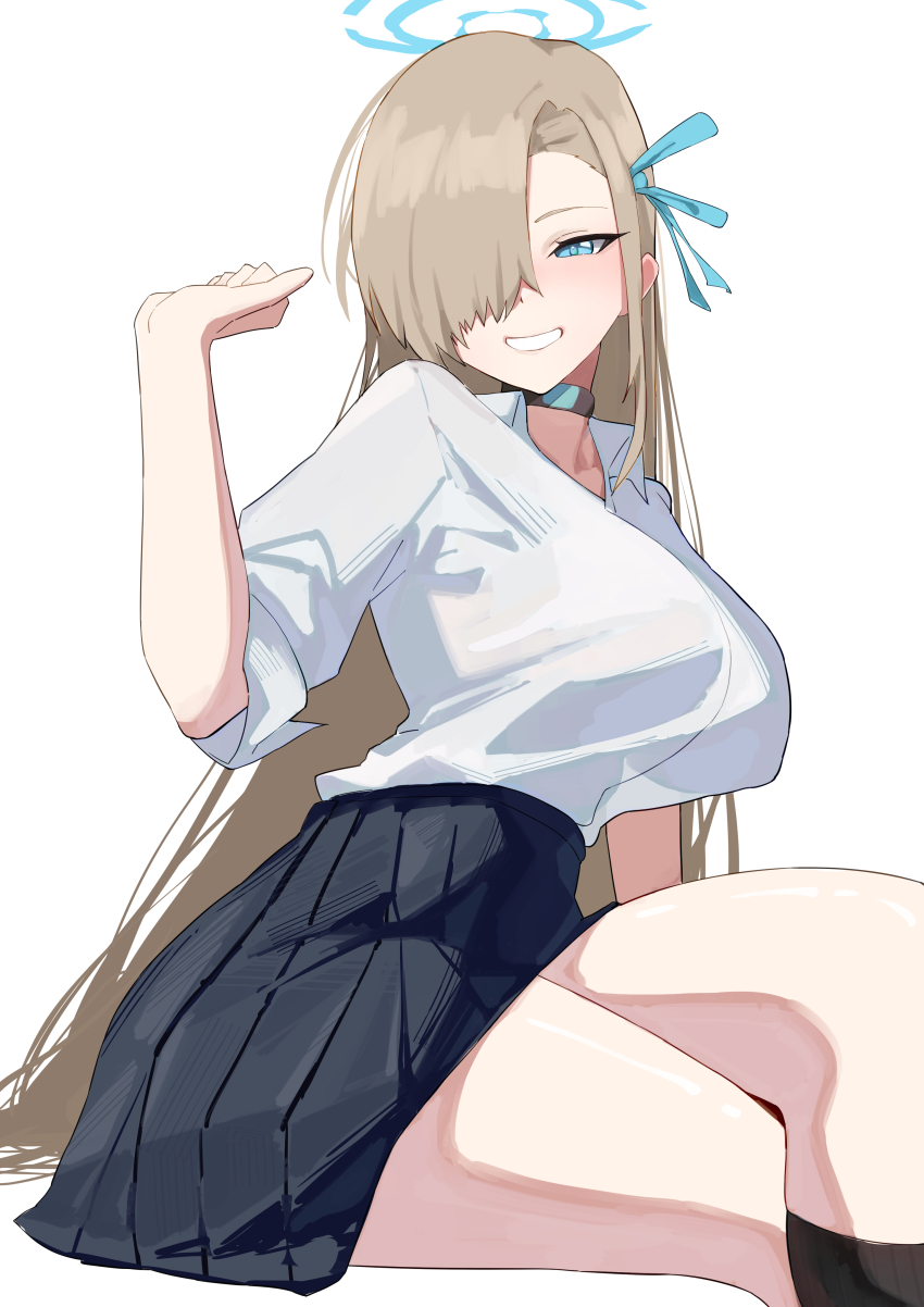 1girl absurdres aqua_ribbon asuna_(blue_archive) asymmetrical_bangs black_skirt black_socks blonde_hair blue_archive blush breasts commentary_request crossed_legs feet_out_of_frame hair_over_one_eye hair_ribbon halo highres invisible_chair katagiri_nanoka kneehighs large_breasts long_hair looking_at_viewer one_eye_covered open_collar pleated_skirt ribbon school_uniform see-through_silhouette shirt shirt_tucked_in simple_background sitting skirt smile socks solo straight_hair thighs very_long_hair white_background white_shirt