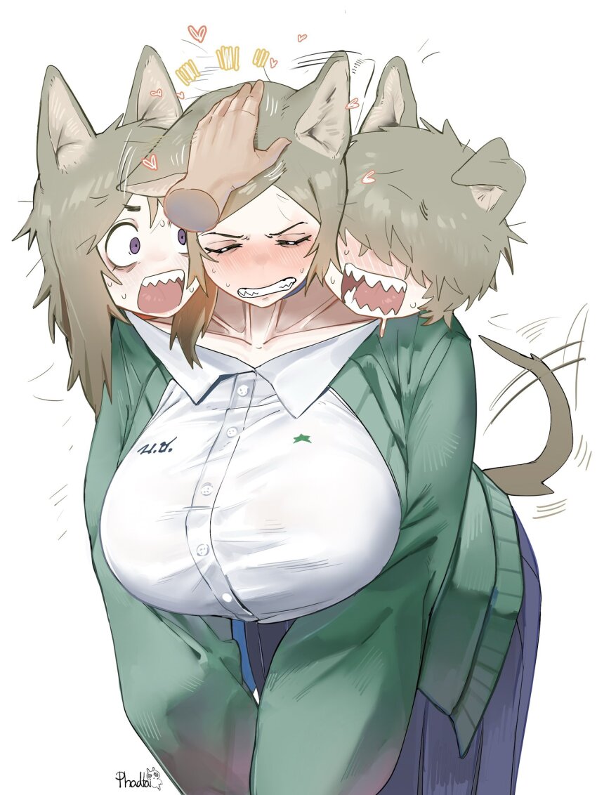 animal_ears blush brown_hair cerberus collarbone conjoined dog_ears dog_girl highres long_hair long_sleeves maikamiaka multiple_girls multiple_heads open_mouth original petting sharp_teeth shirt short_hair simple_background skirt tail teeth white_background