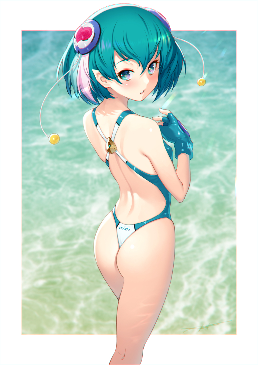 1girl absurdres aqua_eyes aqua_hair ass blue_one-piece_swimsuit blush breasts commentary earrings from_behind hagoromo_lala highleg highleg_one-piece_swimsuit highres jewelry kazuma_muramasa looking_at_viewer looking_back multicolored_hair one-piece_swimsuit one-piece_thong parted_lips pink_hair pointy_ears precure shiny_skin short_hair small_breasts solo standing star_(symbol) star_earrings star_twinkle_precure streaked_hair swimsuit