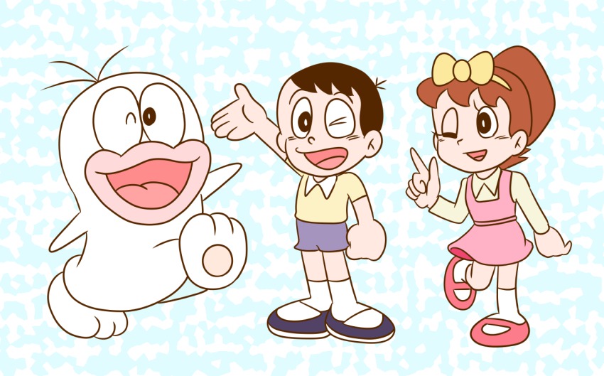1960s_(style) 1girl 2boys brown_hair dress hair_ribbon kagechiyo2011 koizumi_yoshiko multiple_boys obake_no_q-tarou ouhara_shouta q-tarou ribbon shorts smile waving wink