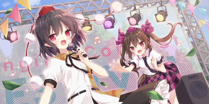 2girls :d beamed_eighth_notes black_hair black_necktie black_ribbon black_skirt blush bow breasts brown_hair checkered_clothes checkered_skirt collared_shirt commentary day english_commentary frilled_shirt_collar frilled_skirt frills game_cg hair_between_eyes hair_bow hat highres himekaidou_hatate holding holding_microphone hoshi_(snacherubi) leaf_print long_hair looking_at_another looking_at_viewer maple_leaf_print microphone multicolored_shirt multiple_girls musical_note neck_ribbon necktie no_wings official_art open_mouth outdoors pennant puffy_short_sleeves puffy_sleeves purple_bow purple_hat red_eyes red_hat ribbon shameimaru_aya shirt short_sleeves skirt small_breasts smile sparkle speaker spotlight stage string_of_flags third-party_source tokin_hat touhou touhou_lostword twintails very_long_hair white_shirt