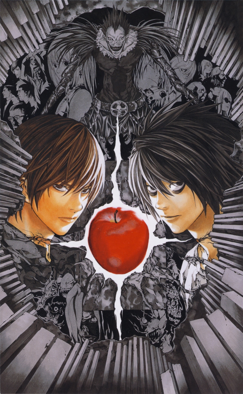6+boys absurdres aiber aizawa_shuuichi amane_misa apple armonia_justin_beyondormason bags_under_eyes belt black_eyes black_hair brown_eyes brown_hair death_note food fruit gook_(death_note) highres higuchi_kyousuke ide_hideki jealous_(death_note) l_(death_note) lips long_bangs male_focus matsuda_touta mello_(death_note) mikami_teru misora_naomi mogi_kanzou multiple_boys near_(death_note) no_eyebrows obata_takeshi official_art raye_penber rem_(death_note) ryuk sanpaku shinigami sidoh_(death_note) stephen_gevanni takada_kiyomi watari_(death_note) wedy yagami_light yagami_souichirou