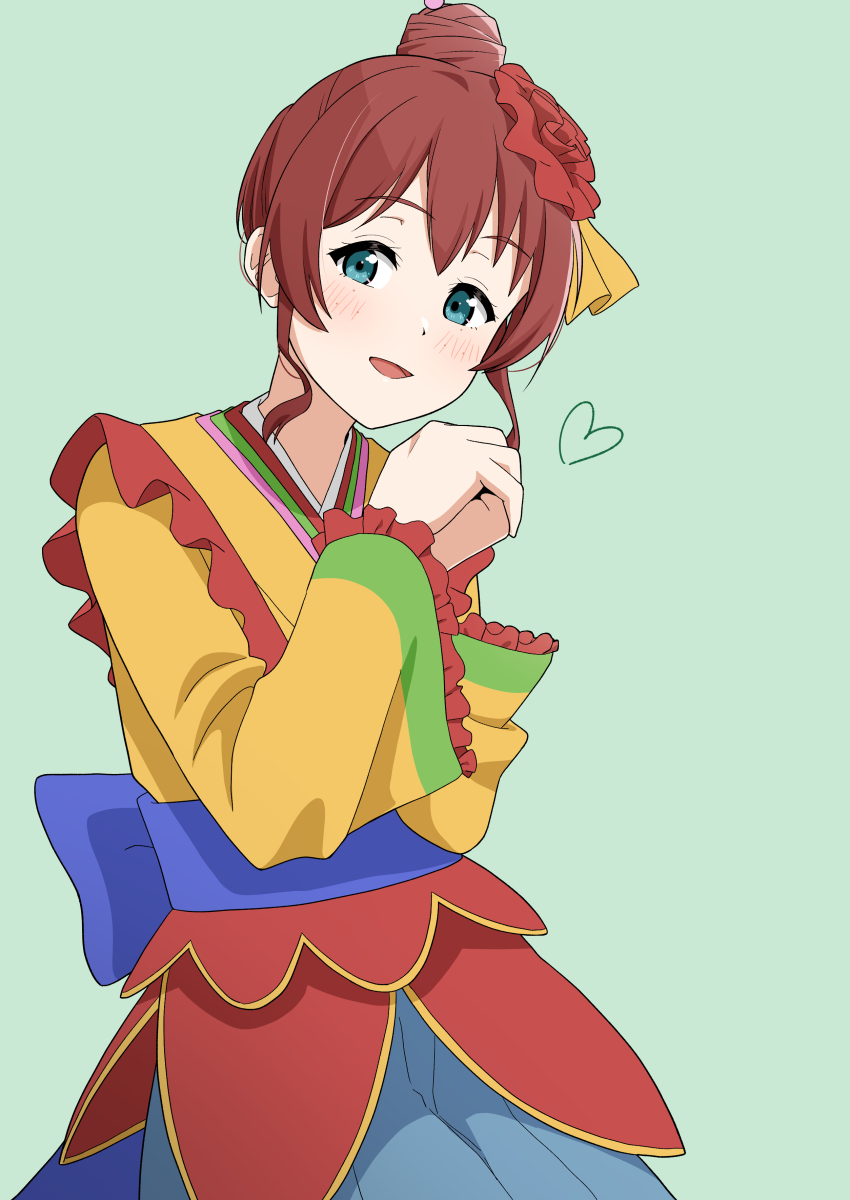 1girl :d absurdres blue_eyes blue_skirt blush brown_hair cowboy_shot emma_verde freckles frilled_kimono frills green_background highres japanese_clothes kimono long_sleeves looking_at_viewer love_live! love_live!_nijigasaki_high_school_idol_club love_live!_nijigasaki_high_school_idol_club_the_movie_-_finale official_alternate_costume official_alternate_hairstyle ohrinas open_mouth orange_kimono revision short_hair simple_background skirt smile solo wide_sleeves