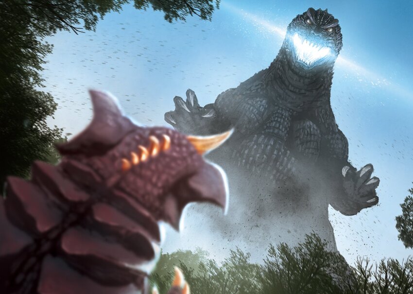 baragon_(godzilla) blue_sky claws day dinosaur ears energy forest from_behind from_below giant giant_monster glowing glowing_mouth godzilla godzilla,_mothra_and_king_ghidorah:_giant_monsters_all-out_attack godzilla_(series) horns kaiju monster nasal_horn nature no_humans no_pupils open_mouth plasma realistic sharp_teeth single_horn sky spikes suttoko teeth toho tongue tree white_eyes