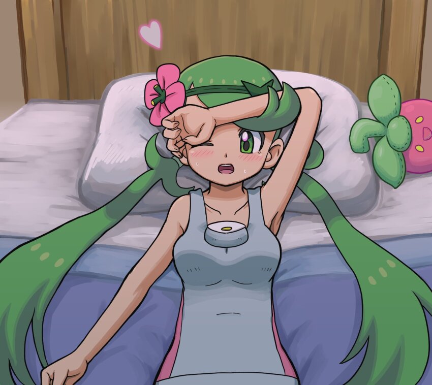 1girl blush bounsweet breasts character_doll collarbone commentary_request flower game_freak gen_7_pokemon green_eyes green_hair green_headband grey_overalls hair_flower hair_ornament hand_up head_on_pillow headband heart highres indoors long_hair lying mallow_(pokemon) nintendo on_back on_bed one_eye_closed open_mouth overalls pillow pink_flower pokemon pokemon_sm solo stitches sweat swept_bangs takamame teeth tongue twintails upper_teeth_only