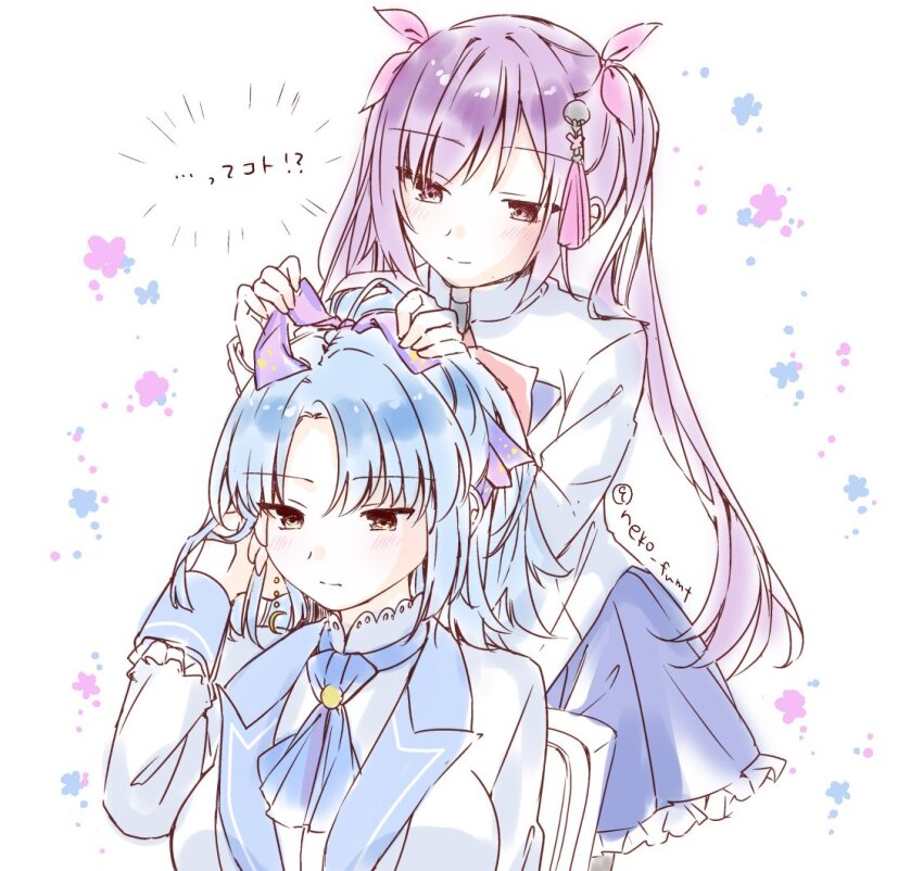 2girls arm_at_side ascot assault_lily behind_another benini blue_ascot blue_hair blue_skirt blush bow bowtie breasts chair closed_mouth commentary_request crescent crescent_earrings earrings flower_symbol hair_bow hair_ribbon hairdressing hand_in_own_hair hand_up hands_up herensuge_girls_academy_school_uniform jacket jewelry large_breasts light_smile long_hair long_sleeves looking_ahead looking_at_another makino_mitake matsumura_fuuka miniskirt multiple_girls official_alternate_costume on_chair pink_eyes pink_ribbon pleated_skirt ponytail purple_bow purple_hair red_bow red_bowtie ribbon school_uniform shirt single_earring sitting skirt standing translation_request twintails twitter_username very_long_hair white_background white_jacket white_shirt yellow_eyes
