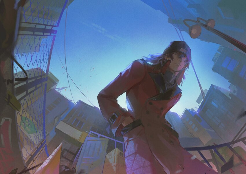 1boy aragaki_shinjirou beanie birthday black_hat black_sweater blue_sky brown_hair building buttons closed_mouth coat commentary cowboy_shot from_below hair_between_eyes hands_in_pockets hat highres lamppost lee999nine long_sleeves male_focus medium_hair outdoors persona persona_3 red_coat sky solo sweater symbol-only_commentary turtleneck turtleneck_sweater