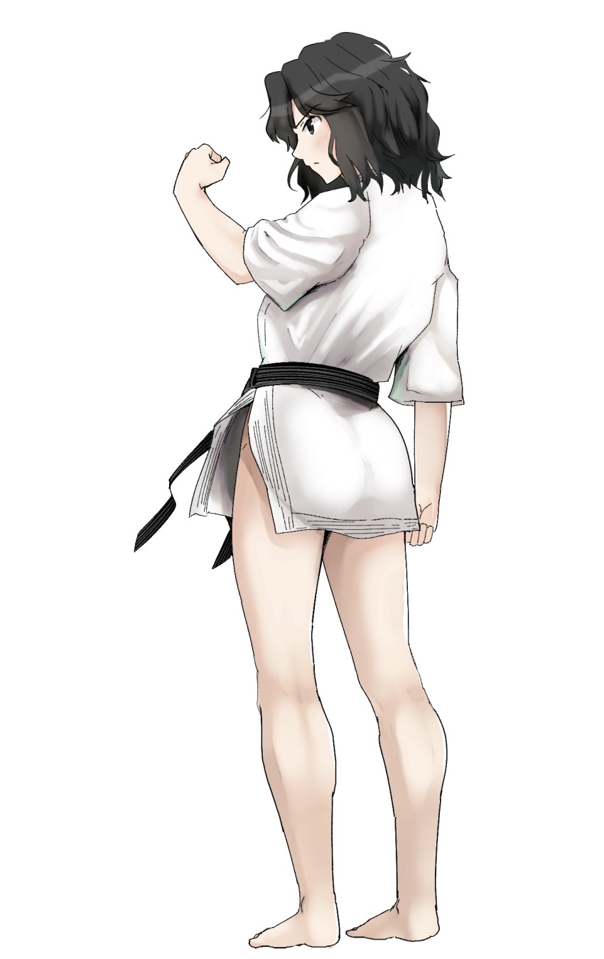 1girl amagami ass bare_legs barefoot belt black_belt black_eyes black_hair clenched_hands curly_hair dougi from_behind full_body gyuunyuu_pack_(tanaka) hand_up highres legs messy_hair profile short_sleeves simple_background solo standing tanamachi_kaoru wavy_hair white_background