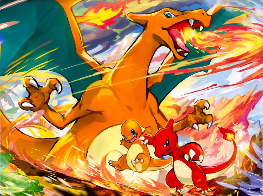 animal_focus blue_eyes breath_weapon breathing_fire charizard charmander charmeleon claws closed_mouth creatures_(company) dragon dragon_wings evolutionary_line fangs fire flame-tipped_tail game_freak gen_1_pokemon highres nejita nintendo no_humans official_art open_mouth pokemon pokemon_(creature) pokemon_focus smile third-party_source tongue v-shaped_eyes wings