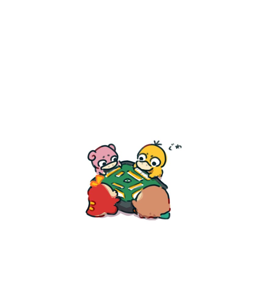 bagutyu chibi chibi_only commentary_request fuecoco gen_1_pokemon gen_7_pokemon highres mahjong mahjong_table mahjong_tile nintendo no_humans pokemon pokemon_(creature) psyduck rowlet simple_background slowpoke table white_background