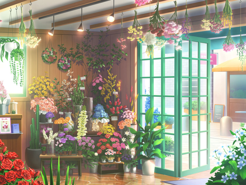 blue_flower cactus door doormat flower flower_pot flower_shop forget-me-not_(flower) game_cg hanging_flower hanging_light hanging_plant hyacinth hydrangea indoors lily_(flower) no_humans orange_flower orange_rose pink_flower pink_rose plant potted_plant purple_flower purple_rose red_flower red_rose reflective_floor road rose scenery shelf shop street third-party_source tulip uta_no_prince-sama uta_no_prince-sama:_shining_live vase white_flower wooden_wall yellow_flower
