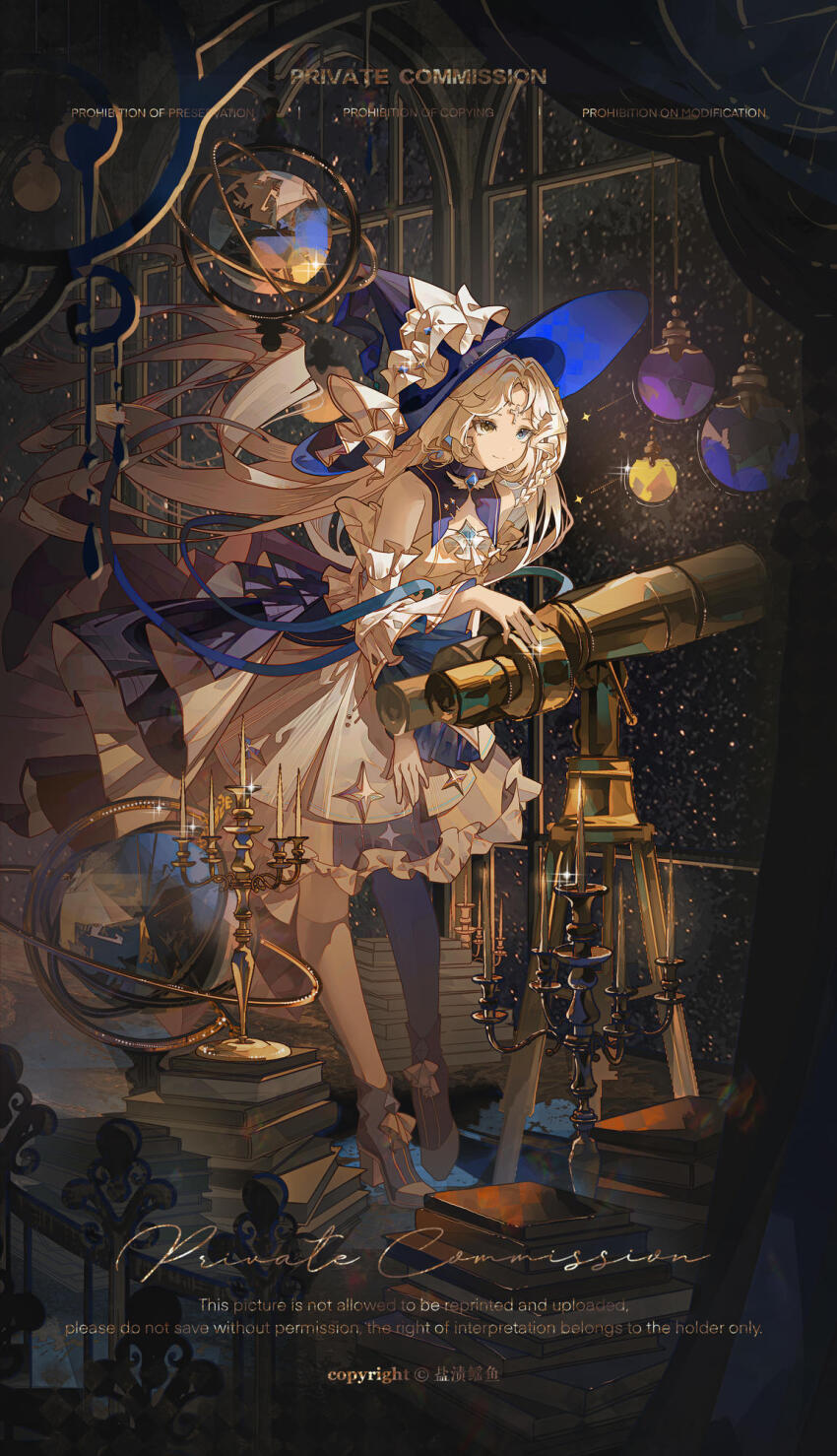 1girl bare_shoulders blonde_hair blue_collar blue_eyes blue_hat candlestand closed_mouth collar commission dress english_text full_body hat heterochromia highres holding holding_telescope long_hair original smile solo telescope very_long_hair watermark white_dress yan_zi_yao_yu yellow_eyes