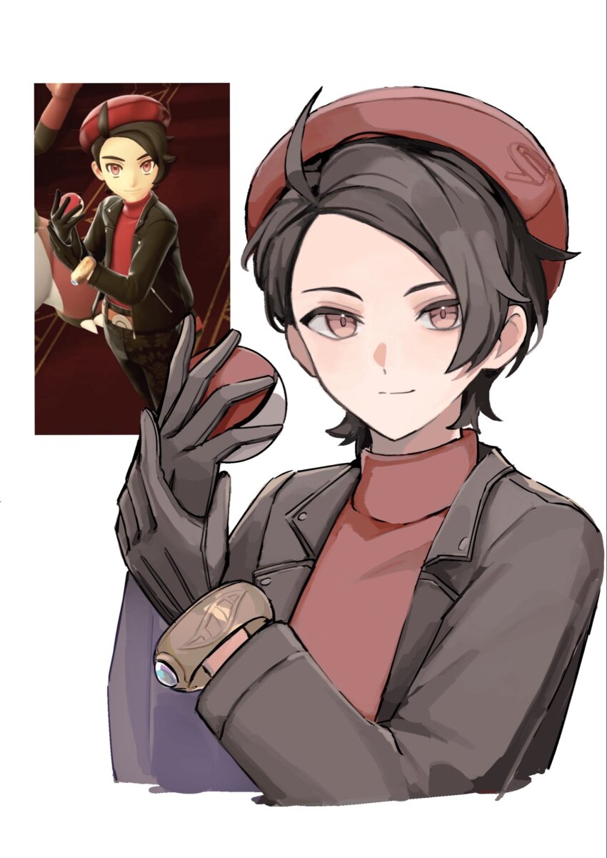 1boy alternate_costume arms_up beret black_gloves black_jacket bracelet brown_hair closed_mouth commentary_request cropped_torso game_screenshot_inset gloves hat highres holding holding_poke_ball jacket jewelry lapels looking_at_viewer male_focus mukomaru nintendo notched_lapels open_clothes open_jacket parted_bangs paxton_(pokemon) pink_eyes poke_ball poke_ball_(basic) pokemon pokemon_legends:_z-a red_hat red_shirt reference_inset shirt smile solo turtleneck white_background