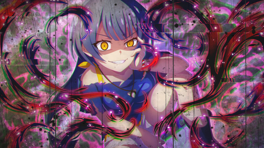 1girl aura black_socks blue_hair blue_shirt crazy_smile dark_aura dutch_angle elbow_on_knee evil_grin evil_smile feet_out_of_frame game_cg glitch grin hand_on_own_cheek hand_on_own_face head_rest highres higurashi_no_naku_koro_ni higurashi_no_naku_koro_ni_mei kurosawa_chisame long_hair looking_at_viewer non-web_source official_art outdoors shirt short_sleeves shorts smile socks solo squatting teeth torn_clothes torn_shirt torn_shorts v-shaped_eyebrows white_shorts yellow_eyes