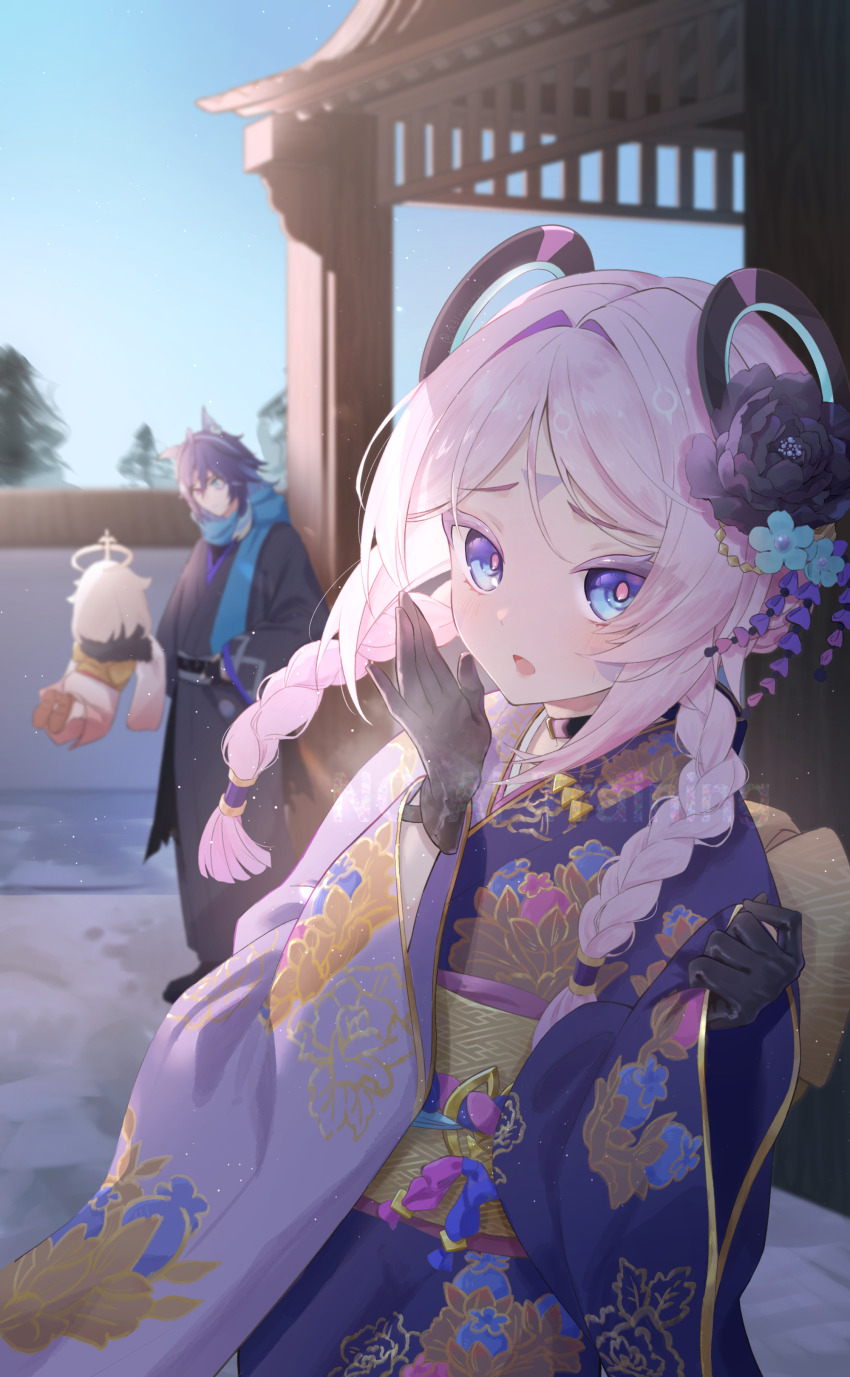 1boy 2girls absurdres alternate_costume black_gloves blue_eyes braid citlali_(genshin_impact) commentary_request facial_mark floral_print flower genshin_impact gloves grandmother_and_grandson hair_flower hair_ornament highres japanese_clothes kimono long_hair mapmap multicolored_kimono multiple_girls obi open_mouth ororon_(genshin_impact) outdoors paimon_(genshin_impact) pink_hair pink_pupils revision sash solo_focus standing triangle triangle_facial_mark twin_braids watermark