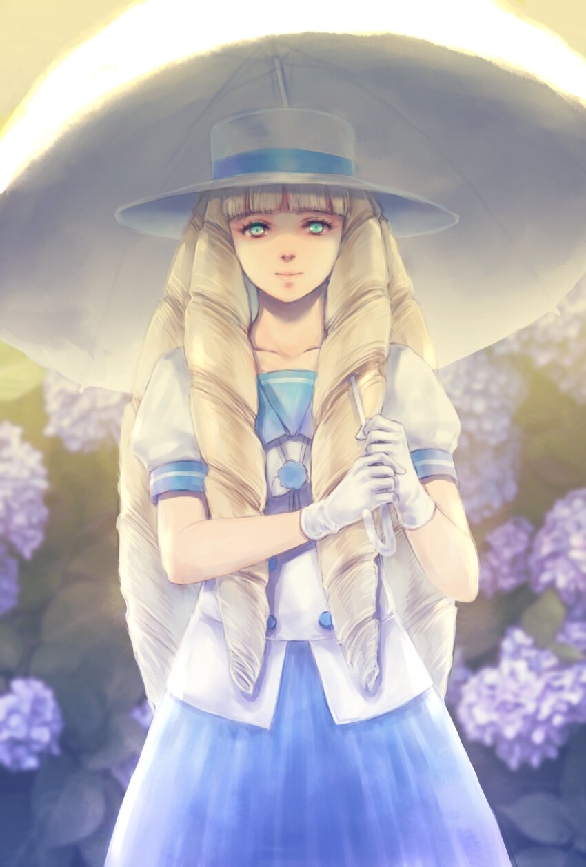 1girl big_hair blonde_hair blue_eyes blue_skirt dianna_soreil drill_hair flower gloves green_eyes gundam hat highres holding holding_umbrella hydrangea jacket light_smile looking_at_viewer ringlets skirt solo sunlight takeda_yuuko turn_a_gundam umbrella white_gloves white_hat white_jacket white_umbrella