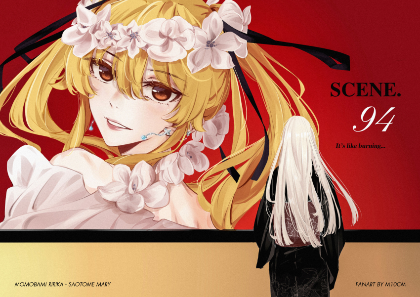 2girls absurdres aqua_lips billboard blonde_hair blush earrings flower hair_ribbon highres jewelry kakegurui long_hair m10cmdesu meme momobami_ririka multiple_girls ribbon saotome_mary shirt standing twintails veil_(manga) veil_scene_14_redraw_(meme) white_hair white_shirt yellow_eyes yuri