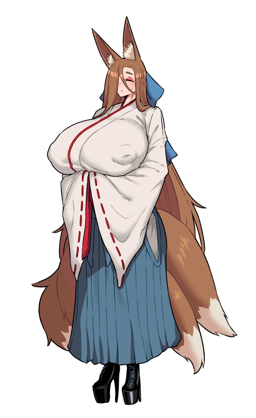 1girl absurdres animal_ear_fluff animal_ears arms_under_breasts black_shoes blue_hakama blue_ribbon breasts brown_hair closed_eyes corinna21210534 covered_erect_nipples eyeshadow fox_ears fox_girl fox_tail frown gigantic_breasts hair_between_eyes hair_over_one_eye hair_ribbon hakama highres japanese_clothes kimono kitsune long_hair makeup mature_female miko multiple_tails one_eye_covered original platform_heels red_eyeshadow ribbon shoes sleeves_past_wrists solo standing straight_hair sweat tail very_long_hair white_background white_kimono
