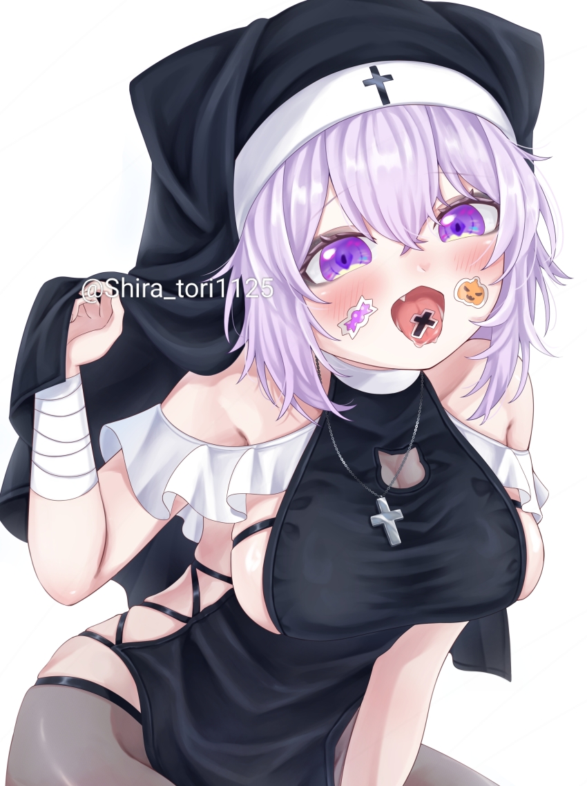 1girl absurdres alternate_costume animal_ears black_dress black_hat black_thighhighs blush breasts cat_ears cat_girl cross cross_necklace dress fang hat highres hololive jewelry large_breasts looking_at_viewer necklace nekomata_okayu nun open_mouth purple_eyes purple_hair shiratori_(atfs8447) solo sticker sticker_on_face thighhighs virtual_youtuber white_background