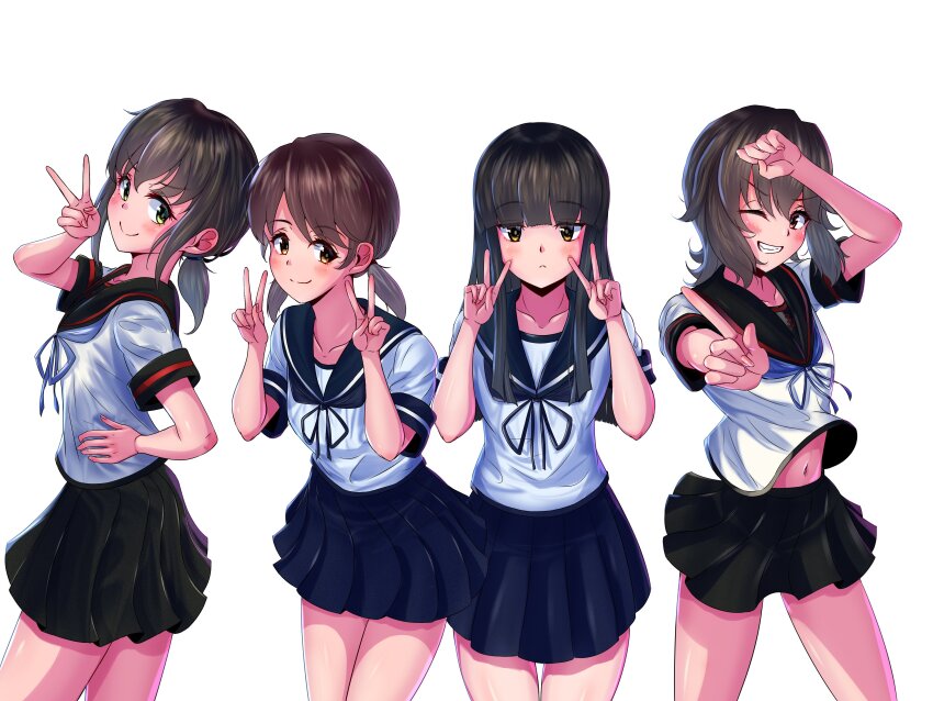 4girls absurdres black_hair black_sailor_collar black_skirt blue_sailor_collar blue_skirt blunt_bangs brown_eyes brown_hair cowboy_shot double_v fubuki_(kancolle) fubuki_kai_ni_(kancolle) grin hatsuyuki_(kancolle) highres index_finger_raised kantai_collection long_hair low_ponytail low_twintails miyuki_(kancolle) miyuki_kai_ni_(kancolle) multiple_girls ponytail sailor_collar sailor_shirt shirayuki_(kancolle) shirt short_hair short_ponytail skirt smile twintails v white_shirt yoko_hata