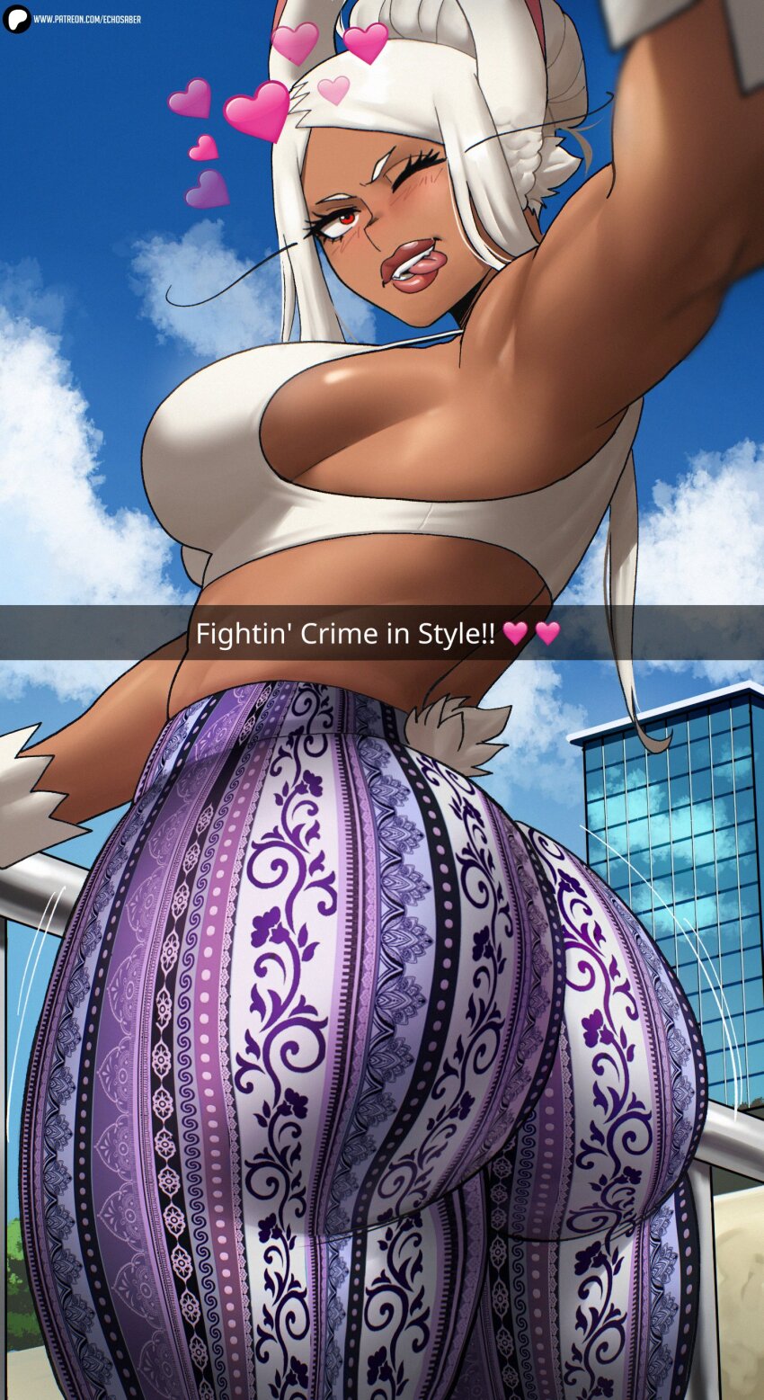 1girl :p absurdres animal_ear_fluff animal_ears arm_up armpits ass ass_focus biceps blue_sky blush boku_no_hero_academia breasts building cloud commentary cowboy_shot crop_top dark-skinned_female dark_skin day echo_saber english_commentary female_focus forbidden_pants heart highres large_breasts lipstick long_eyelashes looking_at_viewer makeup meme_attire midriff mirko motion_lines muscular muscular_female one_eye_closed outdoors pants parted_bangs patreon_logo patreon_username print_pants purple_pants rabbit_ears rabbit_girl rabbit_tail red_eyes red_lips sky sleeveless solo standing tail teeth tight_clothes tight_pants tongue tongue_out watermark web_address white_hair wink