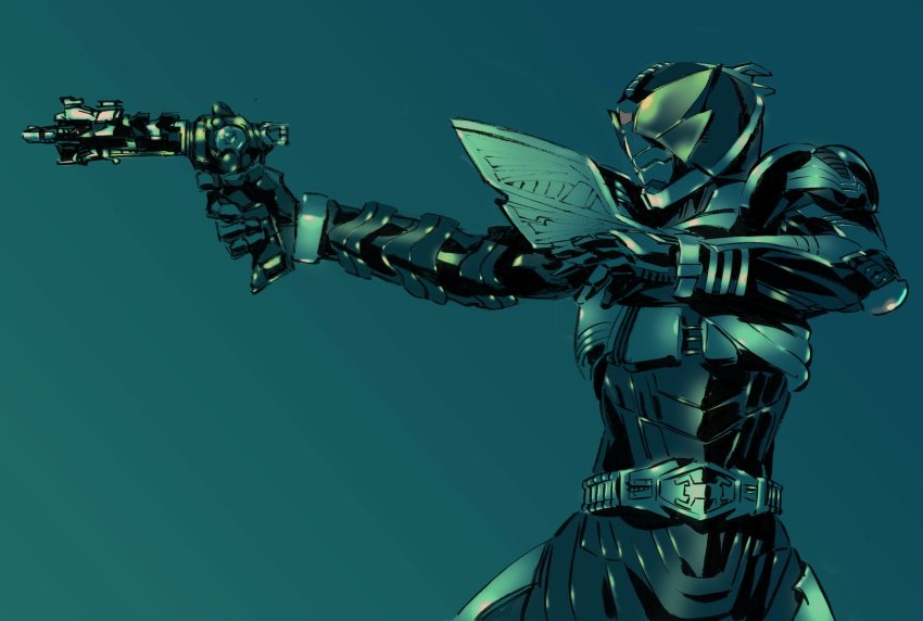 1boy aiming aqua_theme armor belt blue_theme gun helmet highres holding holding_gun holding_weapon kamen_rider kamen_rider_drake kamen_rider_kabuto_(series) male_focus outstretched_arm shimoguchi_tomohiro solo weapon