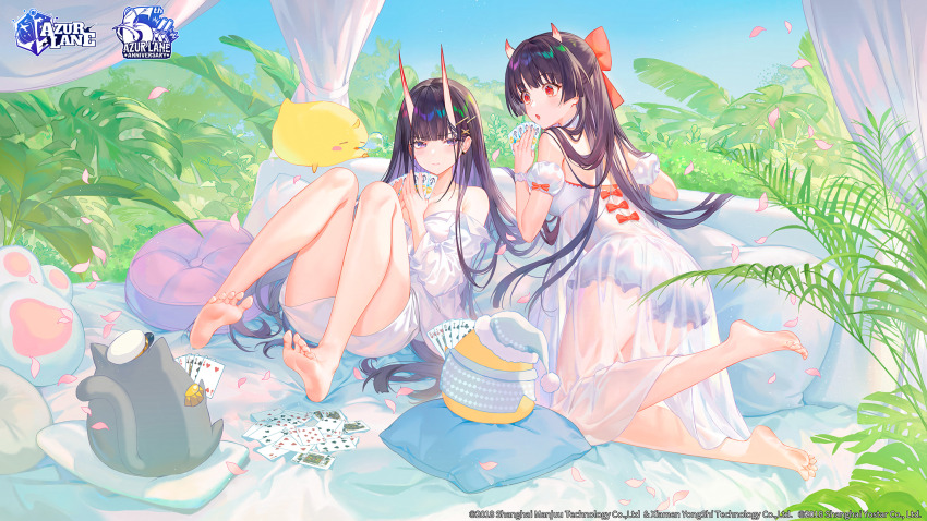 2girls atdan azur_lane barefoot black_hair bow copyright_name curtains day feet highres horns kneeling leaf light_blush logo long_hair manjuu_(azur_lane) meowfficer_(azur_lane) multiple_girls noshiro_(azur_lane) open_mouth petals pillow plant poker purple_eyes red_bow red_eyes sakawa_(azur_lane) see-through_clothes soles toes