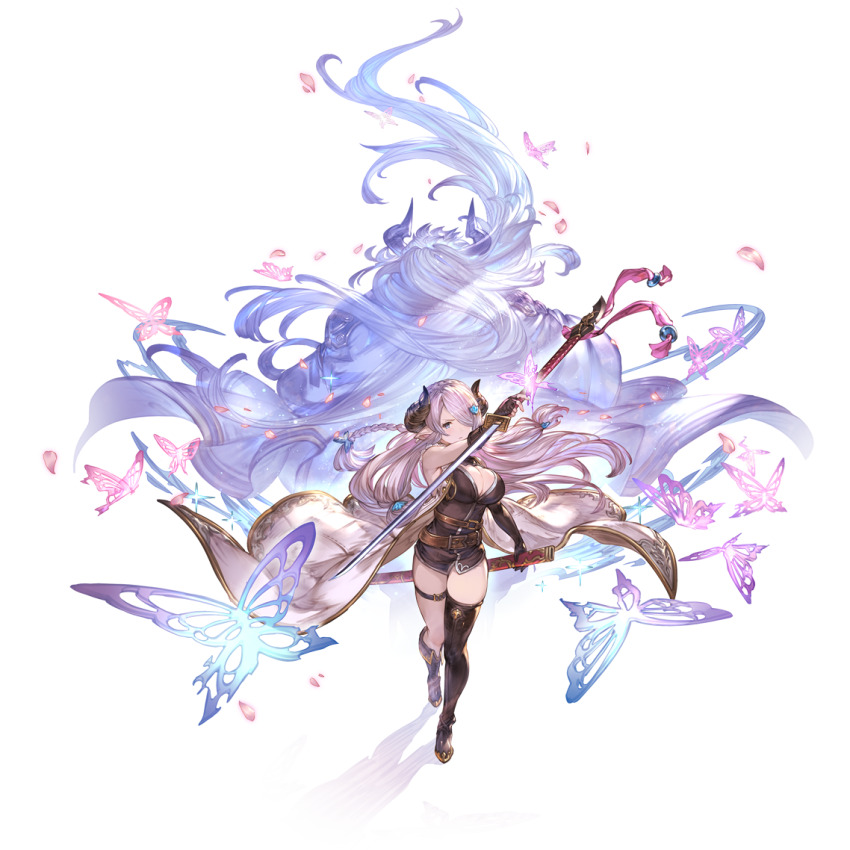 1boy 1girl asymmetrical_gloves asymmetrical_legwear bare_shoulders belt boots braid breasts bug butterfly cleavage closed_mouth coat draph eahta_(granblue_fantasy) elbow_gloves fingerless_gloves full_body gloves granblue_fantasy hair_ornament hair_over_one_eye hairclip holding holding_weapon horns insect katana knee_boots large_breasts long_hair looking_at_viewer narmaya_(granblue_fantasy) official_art petals pointy_ears reverse_grip sheath sidelocks single_thighhigh sleeveless sleeveless_coat sparkle standing sword thigh_strap thighhighs transparent_background uneven_gloves uneven_legwear very_long_hair weapon zettai_ryouiki