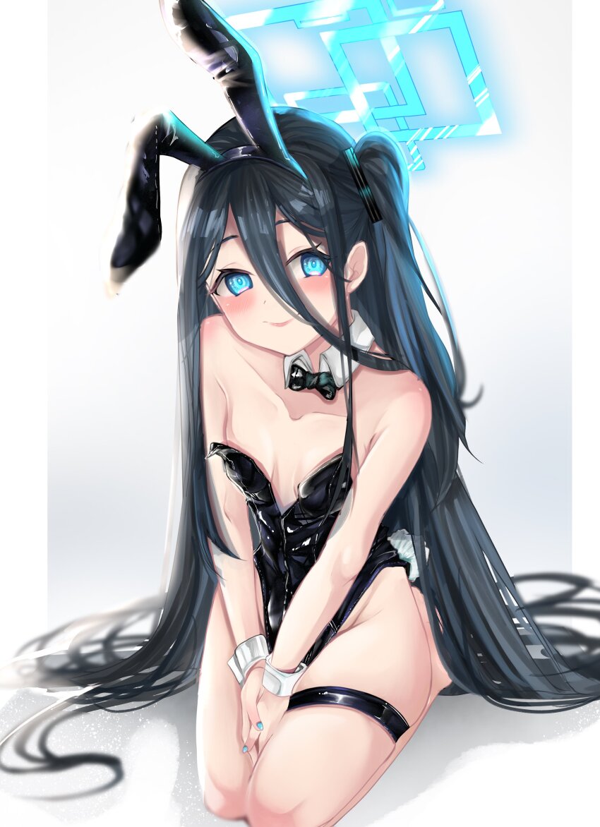 1girl alternate_costume animal_ears aris_(blue_archive) bare_shoulders between_legs black_bow black_bowtie black_hair black_leotard blue_archive blue_eyes blue_halo blue_nails bow bowtie breasts collar collarbone detached_collar eyelashes fake_animal_ears fake_tail feet_out_of_frame female_focus fingernails from_above grey_background halo hand_between_legs leotard loli long_hair meemz_a nail_polish naughty_face playboy_bunny rabbit_ears rabbit_tail seiza simple_background sitting small_breasts smile solo strapless strapless_leotard tail thigh_strap two-tone_background very_long_hair white_background white_collar wrist_cuffs