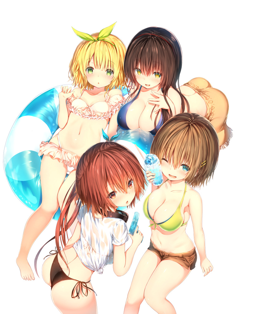 4girls absurdres ass black_hair blonde_hair blue_eyes breasts brown_hair cleavage food green_eyes hair_ornament highres kawaikereba_hentai_demo_suki_ni_natte_kuremasu_ka? kiryuu_mizuha koga_yuika large_breasts multiple_girls nanjou_mao official_art pool_float red_eyes red_hair ribbon shaved_ice shorts small_breasts sune_(mugendai) swimsuit tokihara_sayuki water_gun yellow_eyes