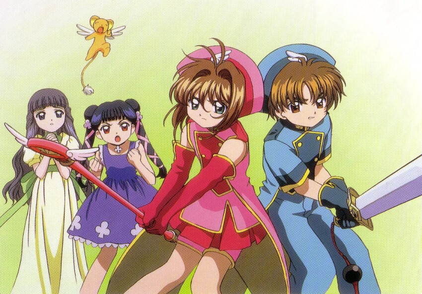 3girls brown_hair cardcaptor_sakura child daidouji_tomoyo dress gloves green_eyes holding holding_sword holding_wand holding_weapon kero_(cardcaptor_sakura) kinomoto_sakura li_meiling li_syaoran magical_girl multiple_girls official_art purple_dress red_gloves short_hair sword wand weapon wings