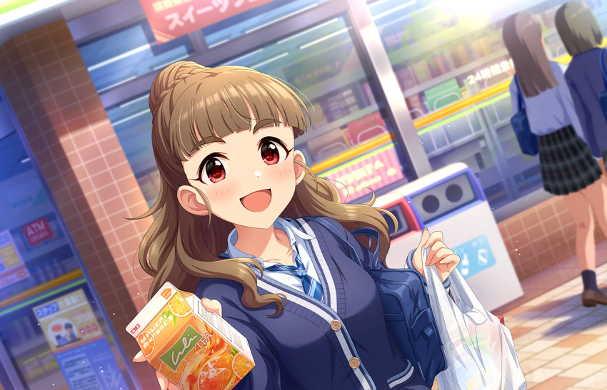 3girls bag blue_cardigan blue_necktie blunt_bangs blush braid braided_bun brown_hair cardigan collarbone dutch_angle fingernails hair_bun holding holding_bag holding_carton idolmaster idolmaster_cinderella_girls idolmaster_cinderella_girls_starlight_stage kamiya_nao long_hair multiple_girls necktie official_art open_collar outdoors plastic_bag red_eyes school_swimsuit school_uniform shirt single_hair_bun smile solo_focus striped_necktie swimsuit thick_eyebrows upper_body very_long_hair white_shirt