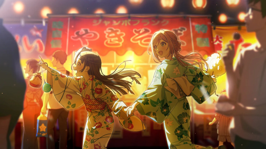 brown_hair festival gakuen_idolmaster game_cg glasses highres himesaki_rinami holding holding_another&#039;s_hand idolmaster japanese_clothes japanese_text kimono kuramoto_china lantern mask mask_on_head official_art open_mouth pants pointing profile