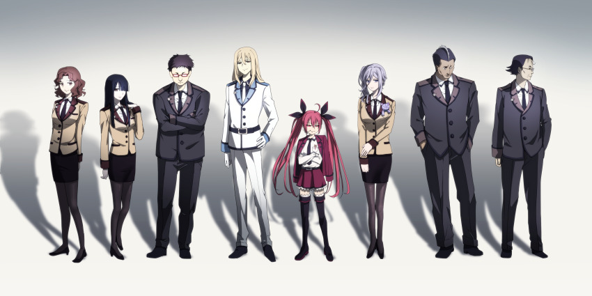 4boys 4girls artist_request bad_id bad_pixiv_id black_hair black_necktie blonde_hair brown_hair date_a_live doll formal_clothes glasses gloves grey_hair highres itsuka_kotori kannazuki_kyouhei multiple_boys multiple_girls murasame_reine necktie pantyhose red_hair shadow short_hair standing suit thighhighs twintails white_gloves